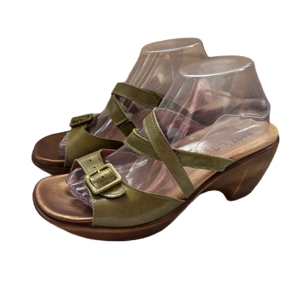 Naot Leather Clog Sandals Size EU 40 US 9 Olive Green Comfort Wedge Buckle Shoes